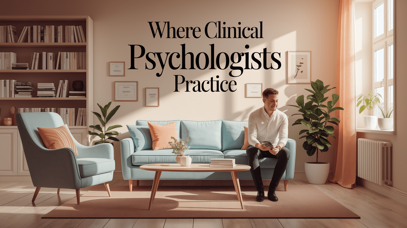 A conceptual illustration representing Where Clinical Psychologists Practice. Visualize the main ideas: . Creative but clear representation of the concept. Style: photorealistic. high quality, detailed, professional, clean composition, good lighting, sharp focus, well-composed. high quality, professional, detailed, well-composed