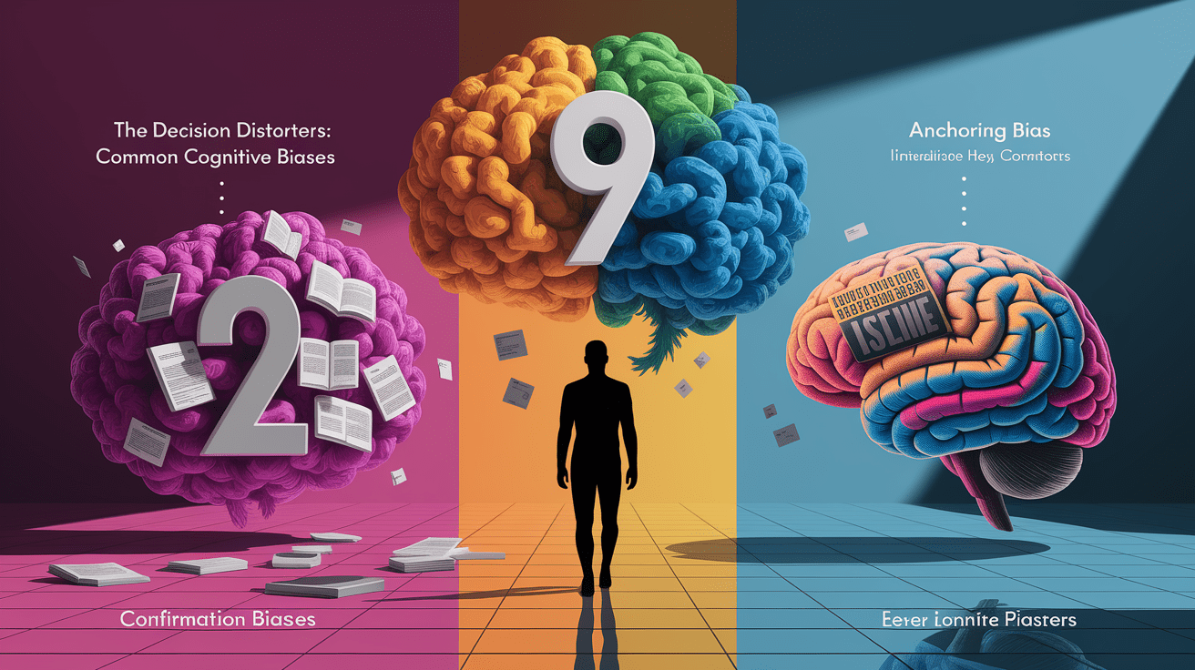 A conceptual illustration representing The Decision Distorters: Common Cognitive Biases. Visualize the main ideas: . Creative but clear representation of the concept. Style: photorealistic. high quality, detailed, professional, clean composition, good lighting, sharp focus, well-composed. high quality, professional, detailed, well-composed