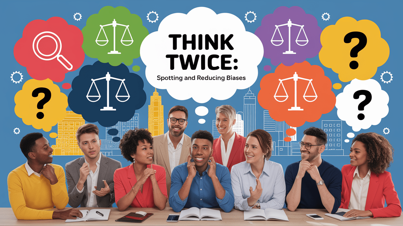 A conceptual illustration representing Think Twice: Spotting and Reducing Biases. Visualize the main ideas: . Creative but clear representation of the concept. Style: photorealistic. high quality, detailed, professional, clean composition, good lighting, sharp focus, well-composed. high quality, professional, detailed, well-composed