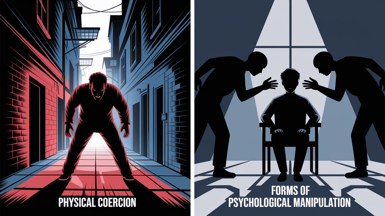 A side-by-side comparison visual for Forms of Coercion: Physical vs. Psychological Manipulation. Show contrasting elements: . Use clear visual separation, possibly with split-screen or before/after layout. Style: photorealistic. high quality, detailed, professional, clean composition, good lighting, sharp focus, well-composed. high quality, professional, detailed, well-composed