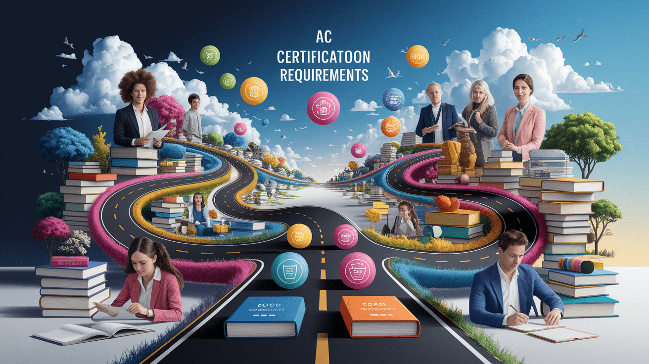 A conceptual illustration representing Educational Path and Certification Requirements. Visualize the main ideas: . Creative but clear representation of the concept. Style: photorealistic. high quality, detailed, professional, clean composition, good lighting, sharp focus, well-composed. high quality, professional, detailed, well-composed