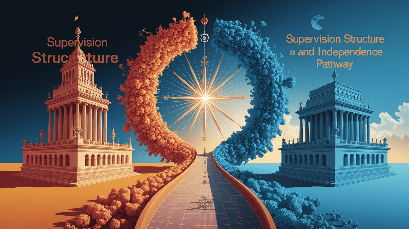 A conceptual illustration representing Supervision Structure and Independence Pathway. Visualize the main ideas: . Creative but clear representation of the concept. Style: photorealistic. high quality, detailed, professional, clean composition, good lighting, sharp focus, well-composed. high quality, professional, detailed, well-composed