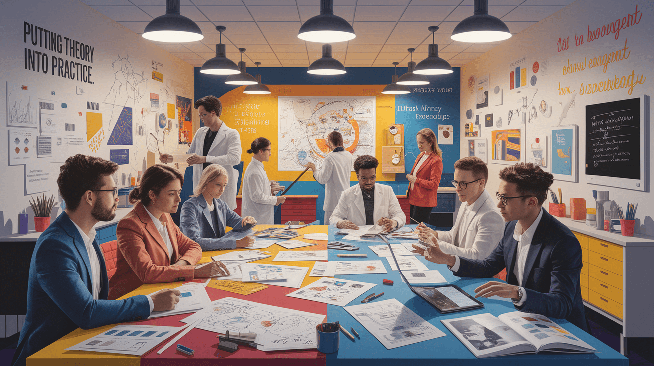 A conceptual illustration representing Putting Theory into Practice. Visualize the main ideas: . Creative but clear representation of the concept. Style: photorealistic. high quality, detailed, professional, clean composition, good lighting, sharp focus, well-composed. high quality, professional, detailed, well-composed