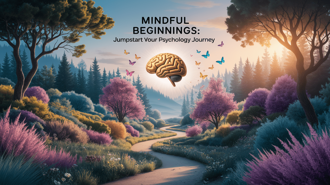 A conceptual illustration representing Mindful Beginnings: Jumpstart Your Psychology Journey. Visualize the main ideas: . Creative but clear representation of the concept. Style: photorealistic. high quality, detailed, professional, clean composition, good lighting, sharp focus, well-composed. high quality, professional, detailed, well-composed