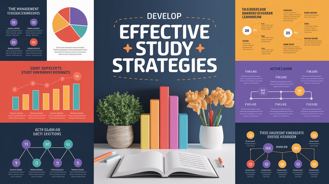 A clean, professional data visualization or infographic related to Develop Effective Study Strategies. Include elements like charts, graphs, or statistical representations. Focus on . Style: photorealistic. high quality, detailed, professional, clean composition, good lighting, sharp focus, well-composed. high quality, professional, detailed, well-composed