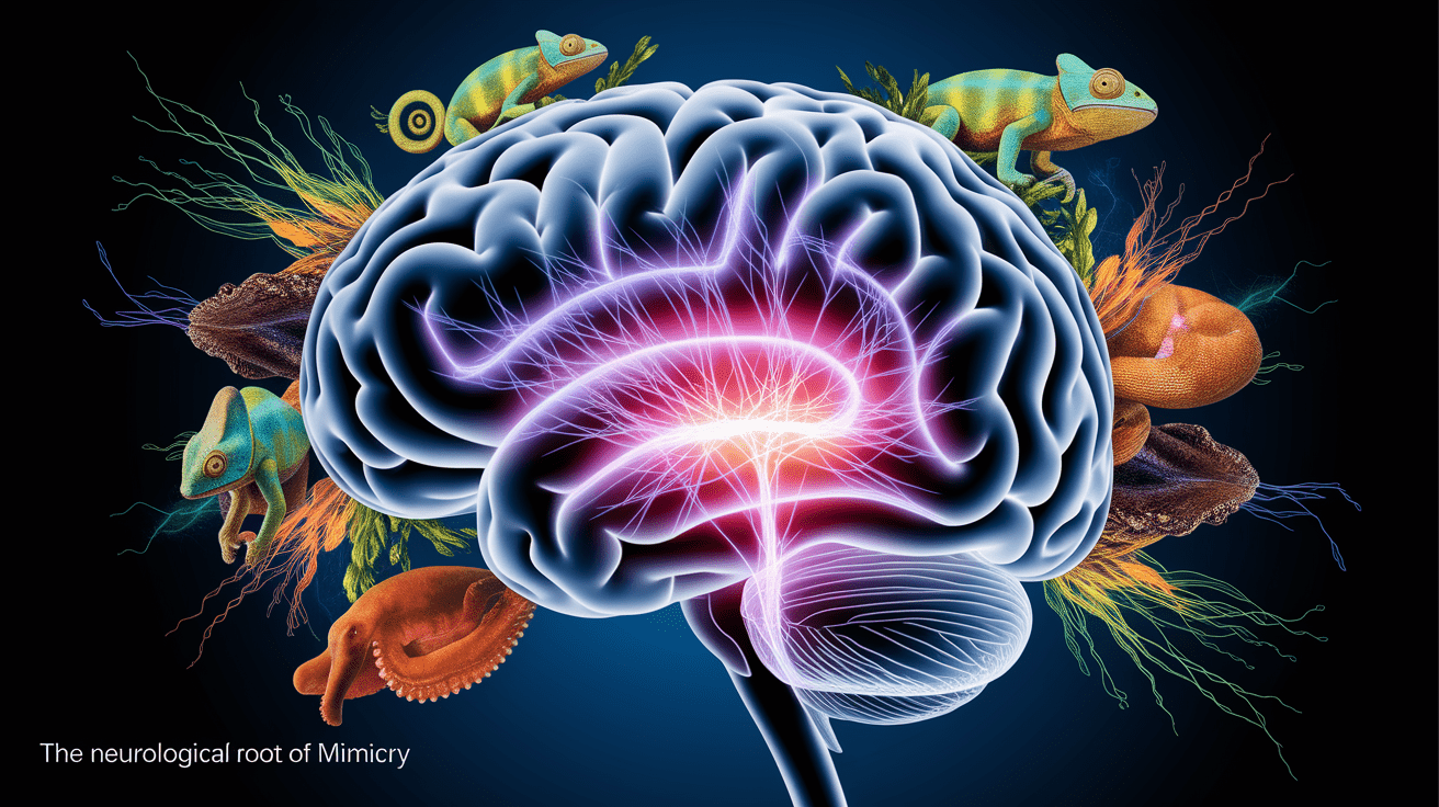 A conceptual illustration representing The Neurological Root of Mimicry. Visualize the main ideas: . Creative but clear representation of the concept. Style: photorealistic. high quality, detailed, professional, clean composition, good lighting, sharp focus, well-composed. high quality, professional, detailed, well-composed