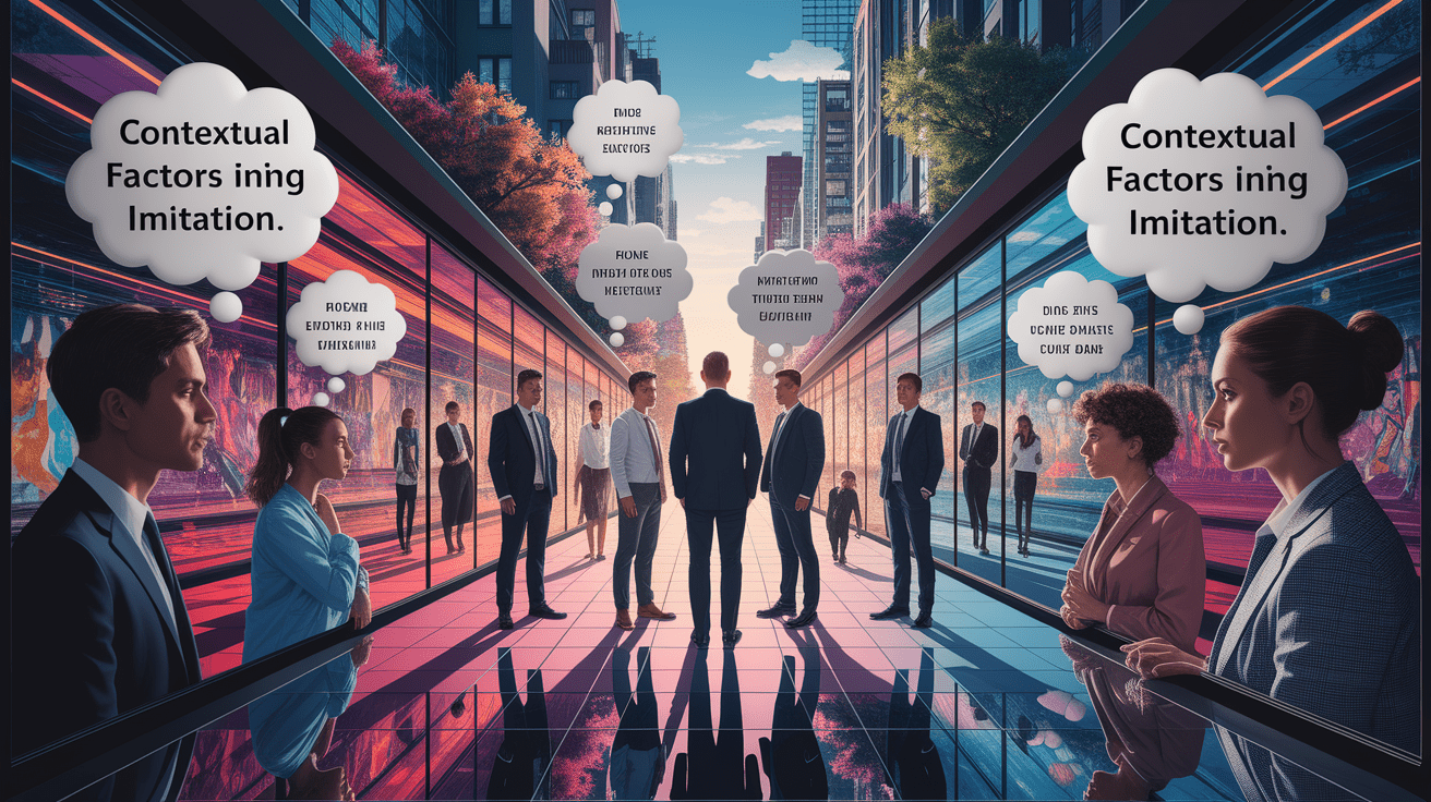 A conceptual illustration representing Contextual Factors Influencing Imitation. Visualize the main ideas: . Creative but clear representation of the concept. Style: photorealistic. high quality, detailed, professional, clean composition, good lighting, sharp focus, well-composed. high quality, professional, detailed, well-composed