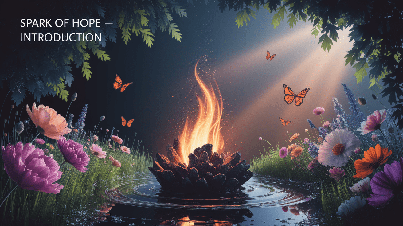 A conceptual illustration representing Spark of Hope – Introduction. Visualize the main ideas: . Creative but clear representation of the concept. Style: photorealistic. high quality, detailed, professional, clean composition, good lighting, sharp focus, well-composed. high quality, professional, detailed, well-composed
