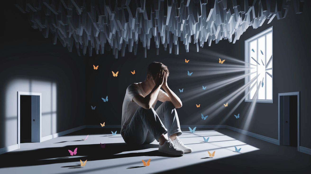 A conceptual illustration representing Understanding Learned Helplessness. Visualize the main ideas: . Creative but clear representation of the concept. Style: photorealistic. high quality, detailed, professional, clean composition, good lighting, sharp focus, well-composed. high quality, professional, detailed, well-composed