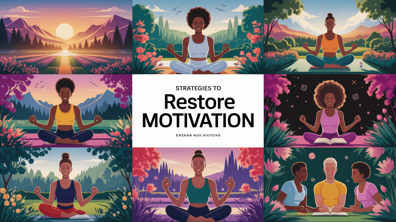 A conceptual illustration representing Strategies to Restore Motivation. Visualize the main ideas: . Creative but clear representation of the concept. Style: photorealistic. high quality, detailed, professional, clean composition, good lighting, sharp focus, well-composed. high quality, professional, detailed, well-composed