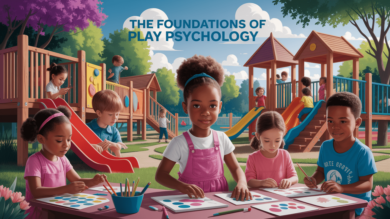 A conceptual illustration representing Foundations of Play Psychology. Visualize the main ideas: . Creative but clear representation of the concept. Style: photorealistic. high quality, detailed, professional, clean composition, good lighting, sharp focus, well-composed. high quality, professional, detailed, well-composed