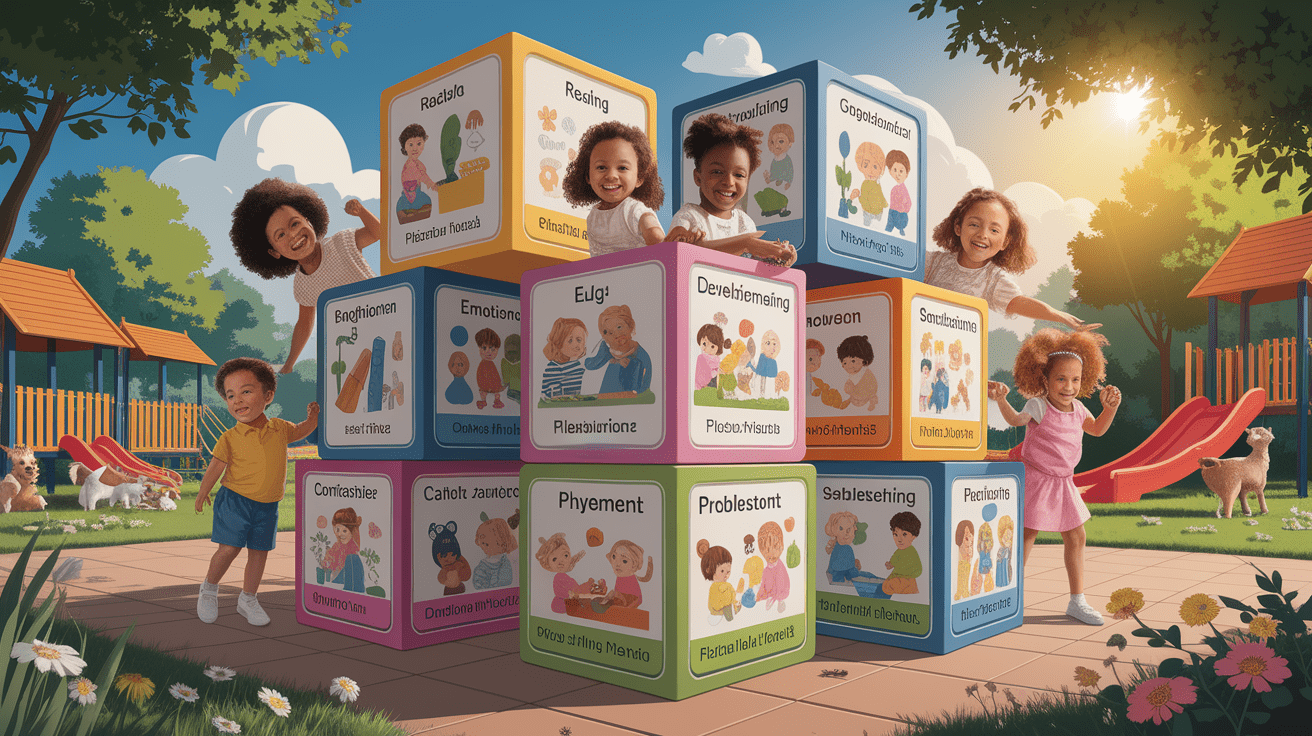A conceptual illustration representing Early Childhood: Building Blocks of Development. Visualize the main ideas: . Creative but clear representation of the concept. Style: photorealistic. high quality, detailed, professional, clean composition, good lighting, sharp focus, well-composed. high quality, professional, detailed, well-composed