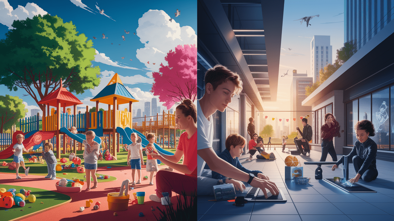 A conceptual illustration representing Adolescence and Adulthood: Shifting Play Forms. Visualize the main ideas: . Creative but clear representation of the concept. Style: photorealistic. high quality, detailed, professional, clean composition, good lighting, sharp focus, well-composed. high quality, professional, detailed, well-composed
