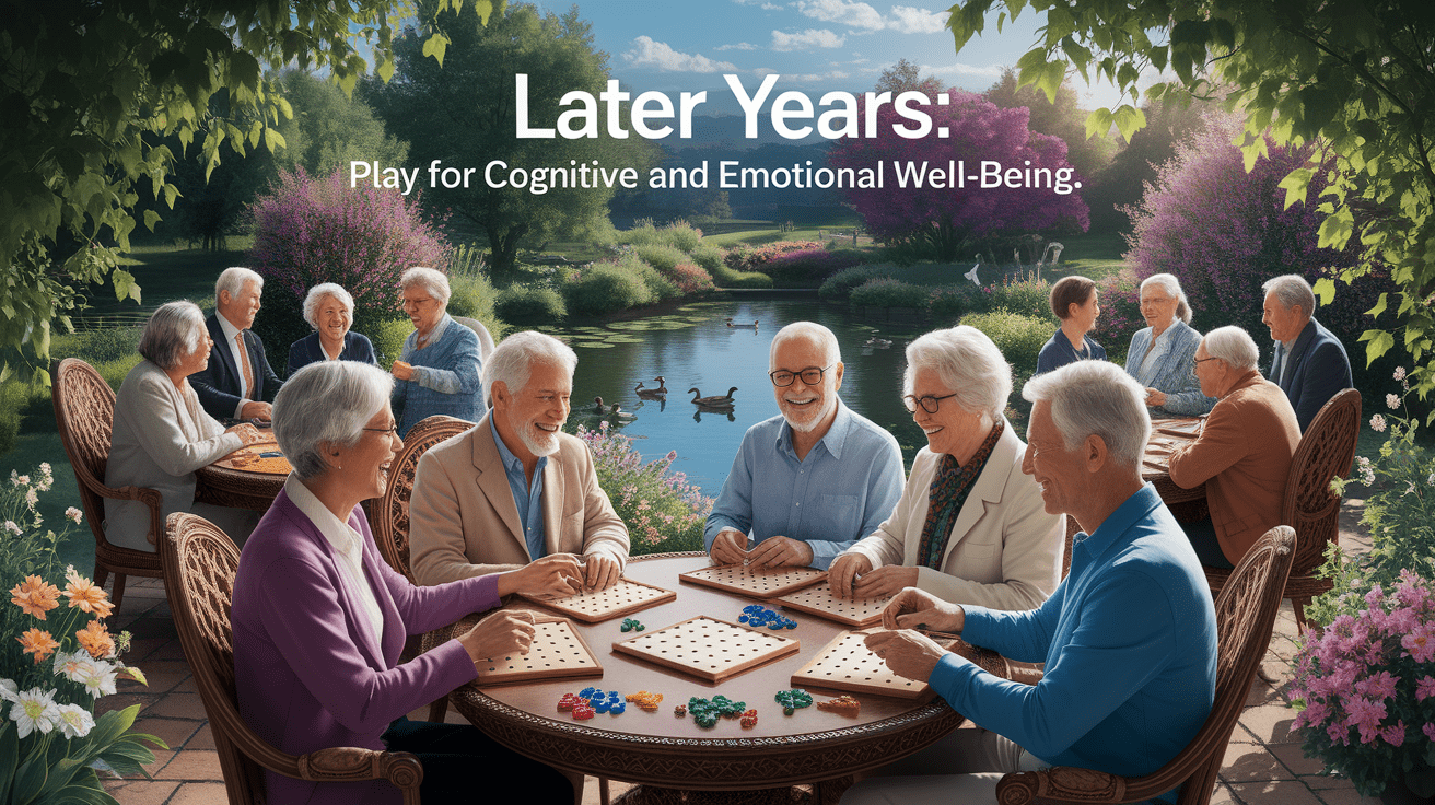 A conceptual illustration representing Later Years: Play for Cognitive and Emotional Well-being. Visualize the main ideas: . Creative but clear representation of the concept. Style: photorealistic. high quality, detailed, professional, clean composition, good lighting, sharp focus, well-composed. high quality, professional, detailed, well-composed