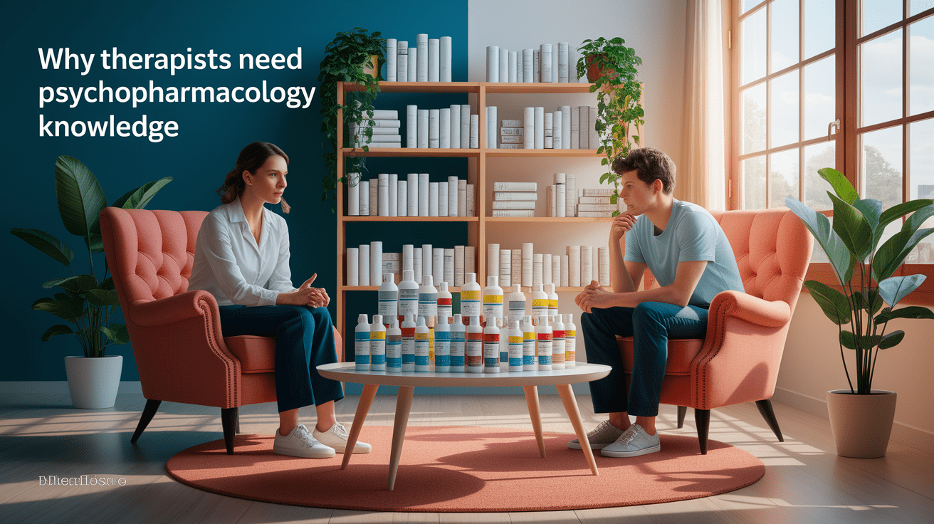 A conceptual illustration representing Why Therapists Need Psychopharmacology Knowledge. Visualize the main ideas: . Creative but clear representation of the concept. Style: photorealistic. high quality, detailed, professional, clean composition, good lighting, sharp focus, well-composed. high quality, professional, detailed, well-composed