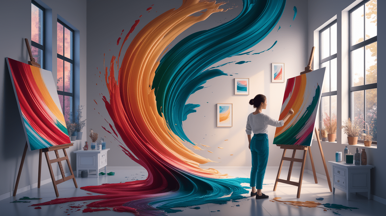 A conceptual illustration representing Feeling the Brushstrokes: Emotional Rewards and Well-Being. Visualize the main ideas: . Creative but clear representation of the concept. Style: photorealistic. high quality, detailed, professional, clean composition, good lighting, sharp focus, well-composed. high quality, professional, detailed, well-composed