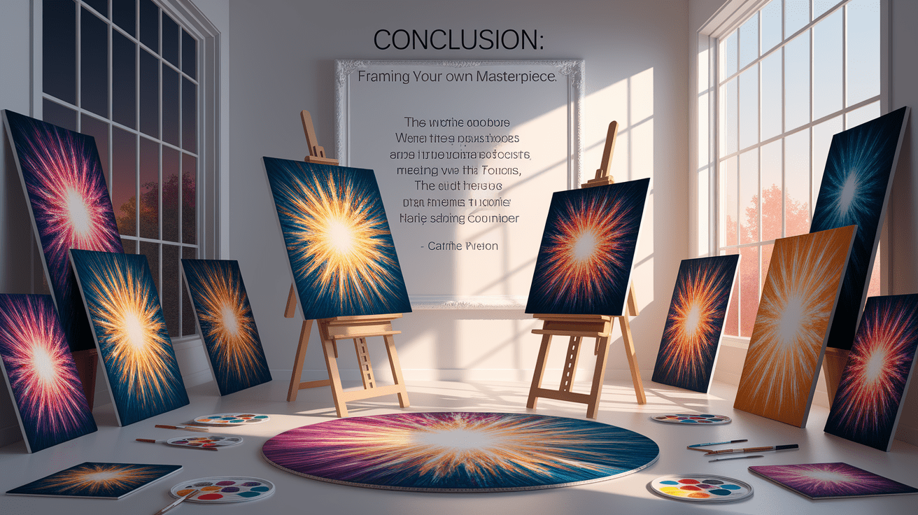 A conceptual illustration representing Conclusion: Framing Your Own Masterpiece. Visualize the main ideas: . Creative but clear representation of the concept. Style: photorealistic. high quality, detailed, professional, clean composition, good lighting, sharp focus, well-composed. high quality, professional, detailed, well-composed