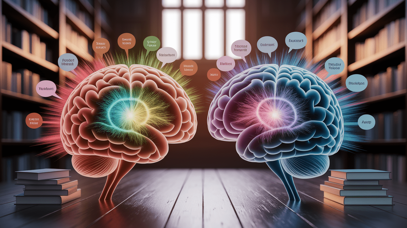 A conceptual illustration representing Neural Foundations of Bilingualism. Visualize the main ideas: . Creative but clear representation of the concept. Style: photorealistic. high quality, detailed, professional, clean composition, good lighting, sharp focus, well-composed. high quality, professional, detailed, well-composed