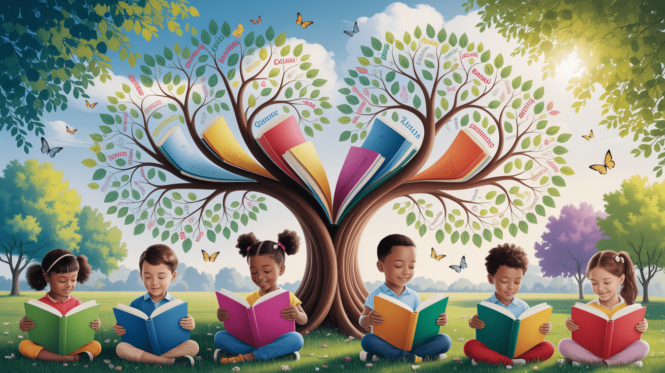 A conceptual illustration representing Literacy and Dual Language Development. Visualize the main ideas: . Creative but clear representation of the concept. Style: photorealistic. high quality, detailed, professional, clean composition, good lighting, sharp focus, well-composed. high quality, professional, detailed, well-composed