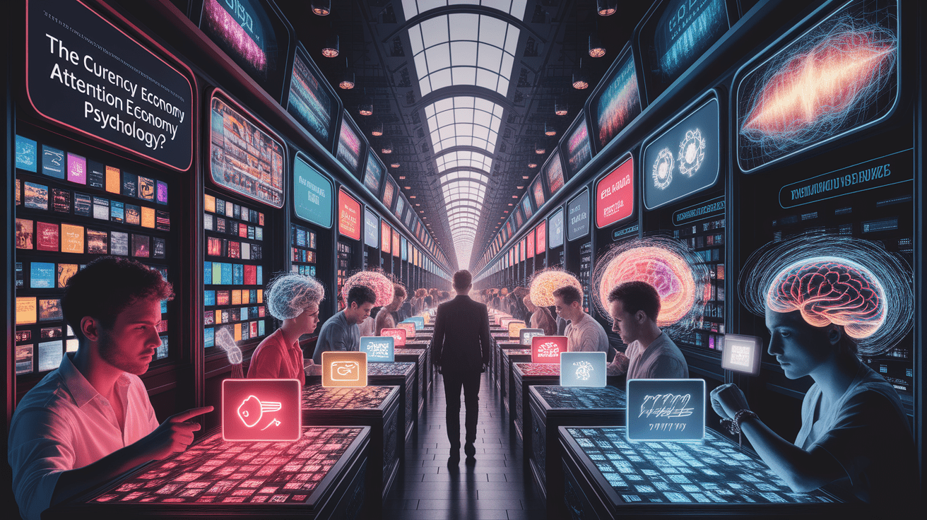 A conceptual illustration representing The Currency of Cognition: What Is Attention Economy Psychology?. Visualize the main ideas: . Creative but clear representation of the concept. Style: photorealistic. high quality, detailed, professional, clean composition, good lighting, sharp focus, well-composed. high quality, professional, detailed, well-composed