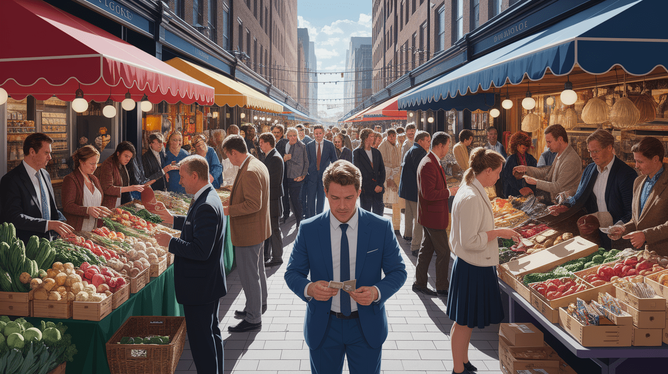 A conceptual illustration representing The Business of Focus: Economic Principles at Work. Visualize the main ideas: . Creative but clear representation of the concept. Style: photorealistic. high quality, detailed, professional, clean composition, good lighting, sharp focus, well-composed. high quality, professional, detailed, well-composed