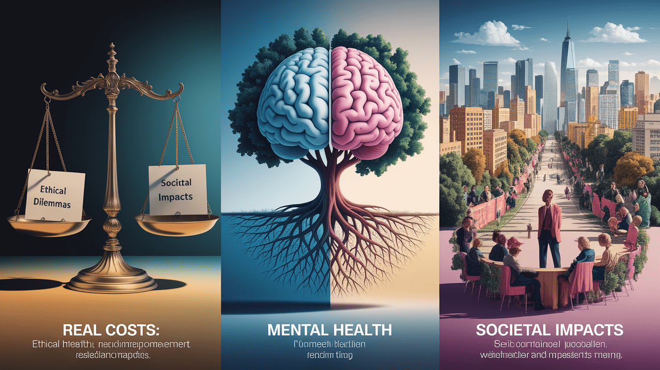 A conceptual illustration representing Real Costs: Ethical, Mental Health, and Societal Impacts. Visualize the main ideas: . Creative but clear representation of the concept. Style: photorealistic. high quality, detailed, professional, clean composition, good lighting, sharp focus, well-composed. high quality, professional, detailed, well-composed