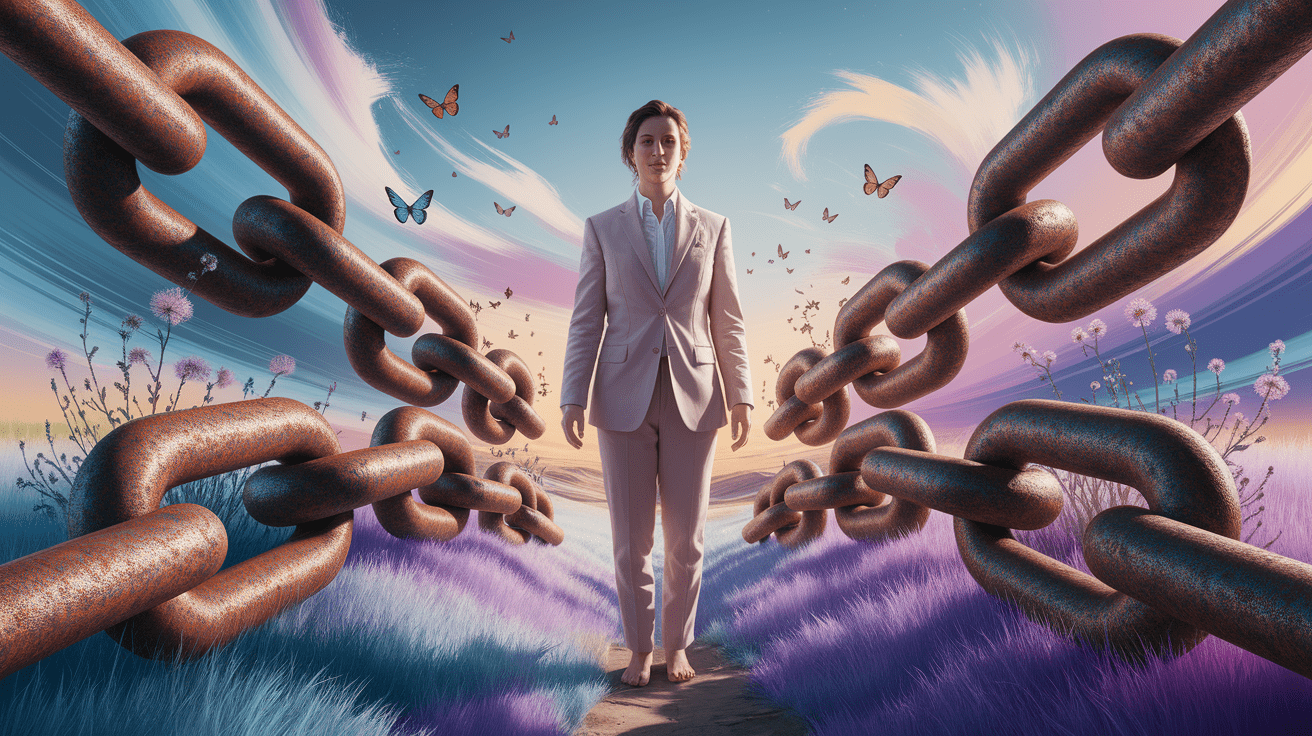 A conceptual illustration representing Breaking the Chains: How Self-Compassion Dissolves Shame. Visualize the main ideas: . Creative but clear representation of the concept. Style: photorealistic. high quality, detailed, professional, clean composition, good lighting, sharp focus, well-composed. high quality, professional, detailed, well-composed