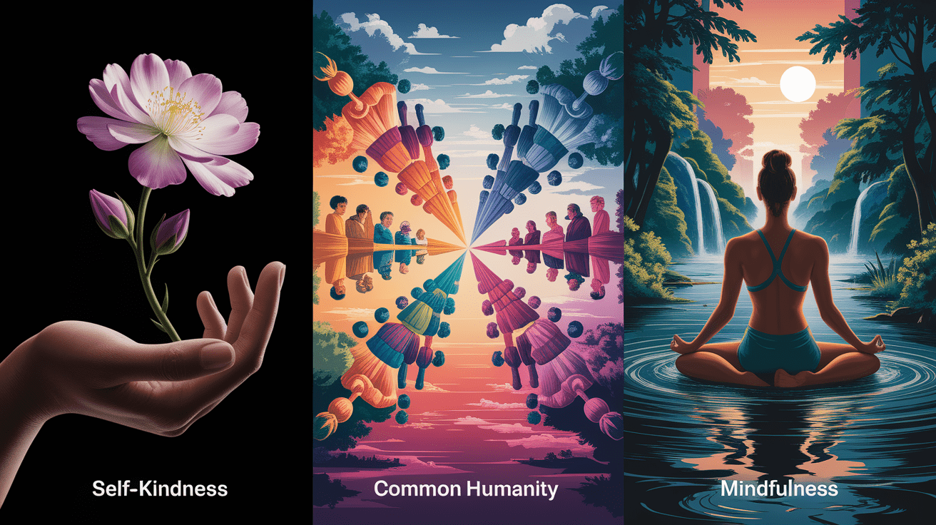 A conceptual illustration representing The Three Pillars of Self-Compassion. Visualize the main ideas: . Creative but clear representation of the concept. Style: photorealistic. high quality, detailed, professional, clean composition, good lighting, sharp focus, well-composed. high quality, professional, detailed, well-composed