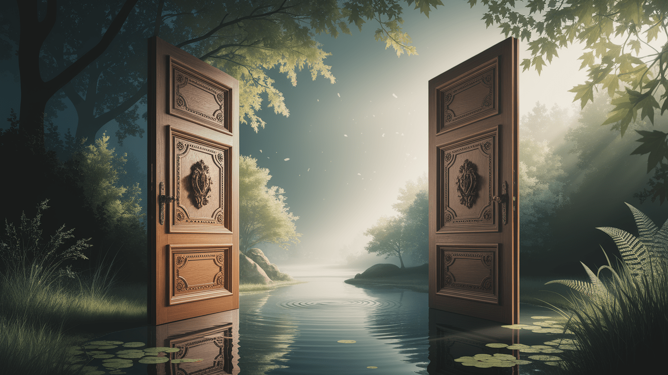 A conceptual illustration representing Opening the Door to Stillness: Unpacking Silence’s Psychological Power. Visualize the main ideas: . Creative but clear representation of the concept. Style: photorealistic. high quality, detailed, professional, clean composition, good lighting, sharp focus, well-composed. high quality, professional, detailed, well-composed