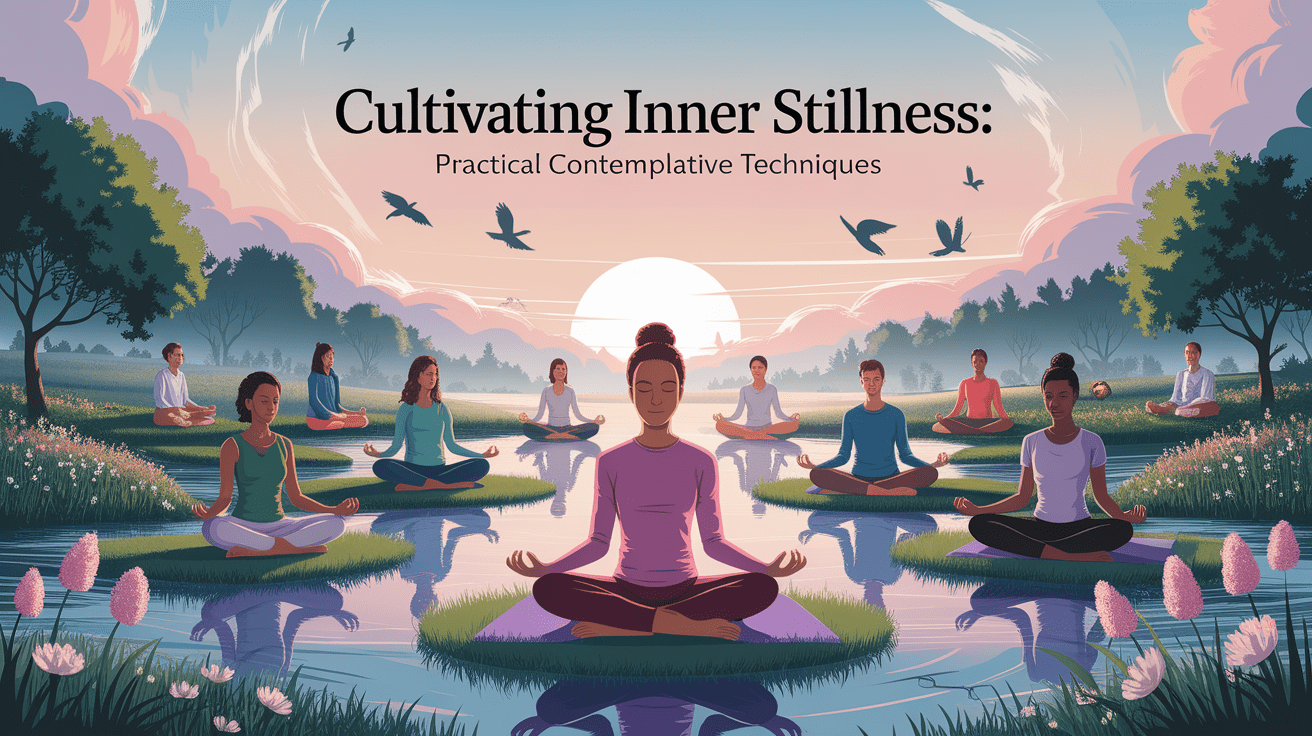 A conceptual illustration representing Cultivating Inner Stillness: Practical Contemplative Techniques. Visualize the main ideas: . Creative but clear representation of the concept. Style: photorealistic. high quality, detailed, professional, clean composition, good lighting, sharp focus, well-composed. high quality, professional, detailed, well-composed
