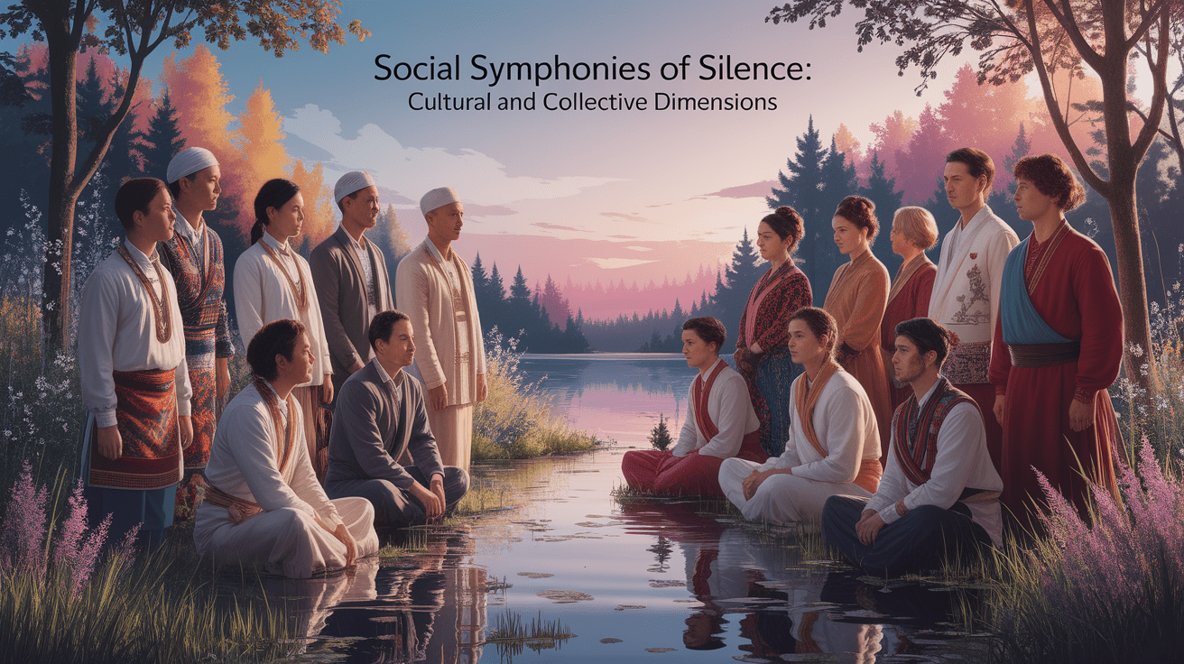 A conceptual illustration representing Social Symphonies of Silence: Cultural and Collective Dimensions. Visualize the main ideas: . Creative but clear representation of the concept. Style: photorealistic. high quality, detailed, professional, clean composition, good lighting, sharp focus, well-composed. high quality, professional, detailed, well-composed
