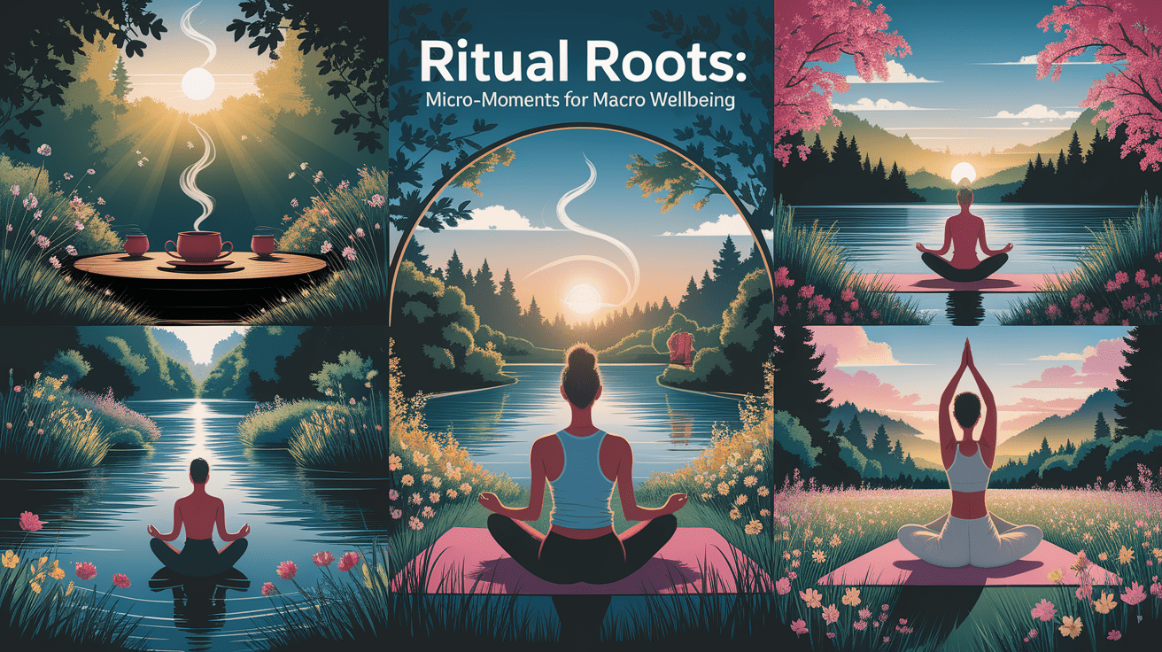 A conceptual illustration representing Ritual Roots: Micro-Moments for Macro Wellbeing. Visualize the main ideas: . Creative but clear representation of the concept. Style: photorealistic. high quality, detailed, professional, clean composition, good lighting, sharp focus, well-composed. high quality, professional, detailed, well-composed