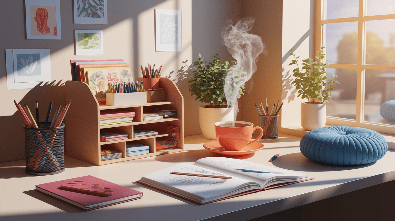 A conceptual illustration representing Micro-Rituals to Boost Focus and Performance. Visualize the main ideas: . Creative but clear representation of the concept. Style: photorealistic. high quality, detailed, professional, clean composition, good lighting, sharp focus, well-composed. high quality, professional, detailed, well-composed