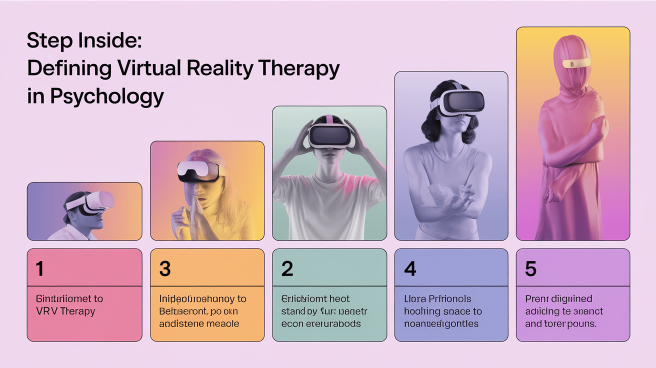 A clear, step-by-step visual illustration showing Step Inside: Defining Virtual Reality Therapy in Psychology. Focus on . Include visual elements like arrows, numbered steps, or sequential flow. Professional and instructional style. Style: photorealistic. high quality, detailed, professional, clean composition, good lighting, sharp focus, well-composed. high quality, professional, detailed, well-composed