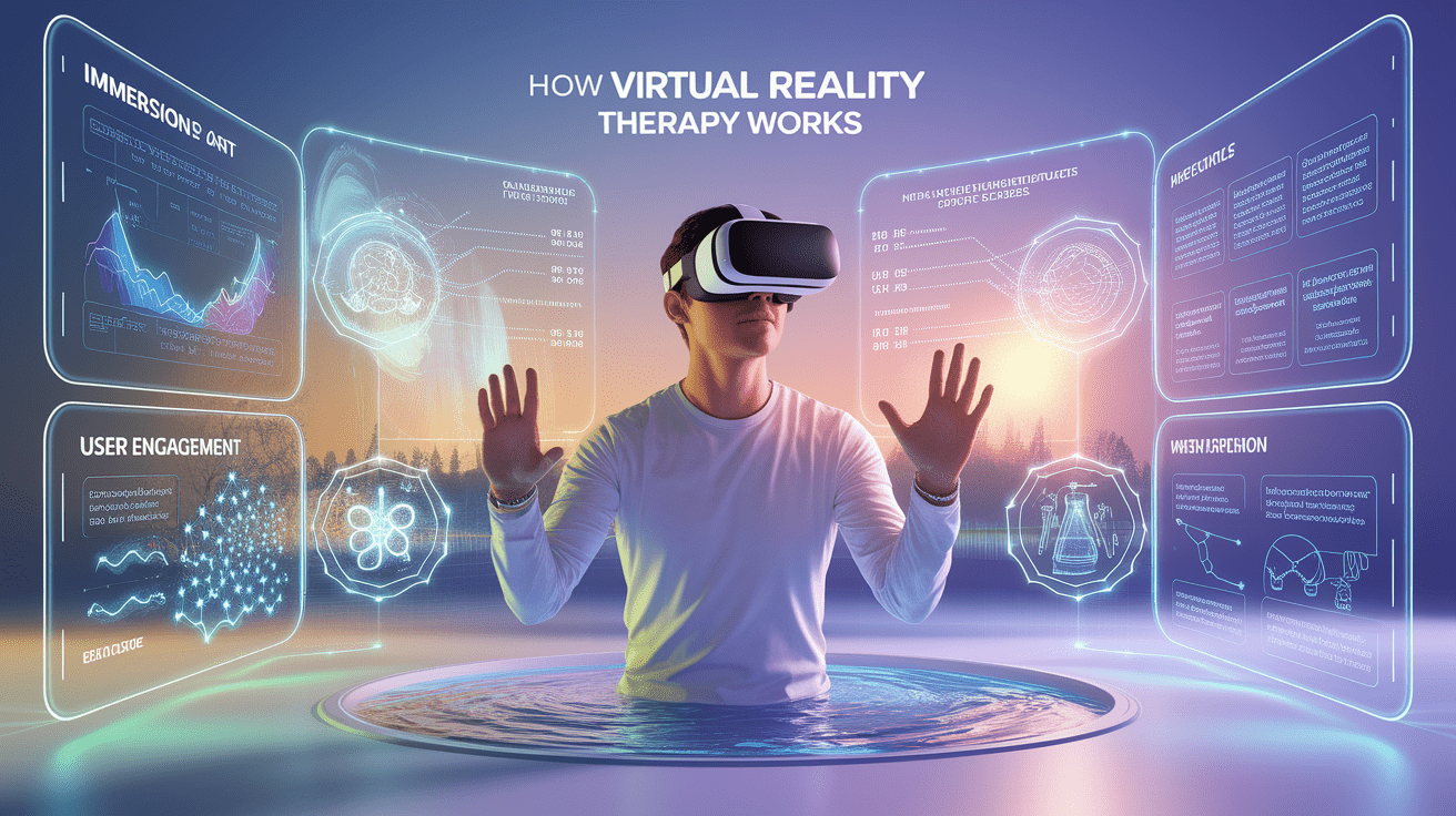 A conceptual illustration representing How Virtual Reality Therapy Works. Visualize the main ideas: . Creative but clear representation of the concept. Style: photorealistic. high quality, detailed, professional, clean composition, good lighting, sharp focus, well-composed. high quality, professional, detailed, well-composed
