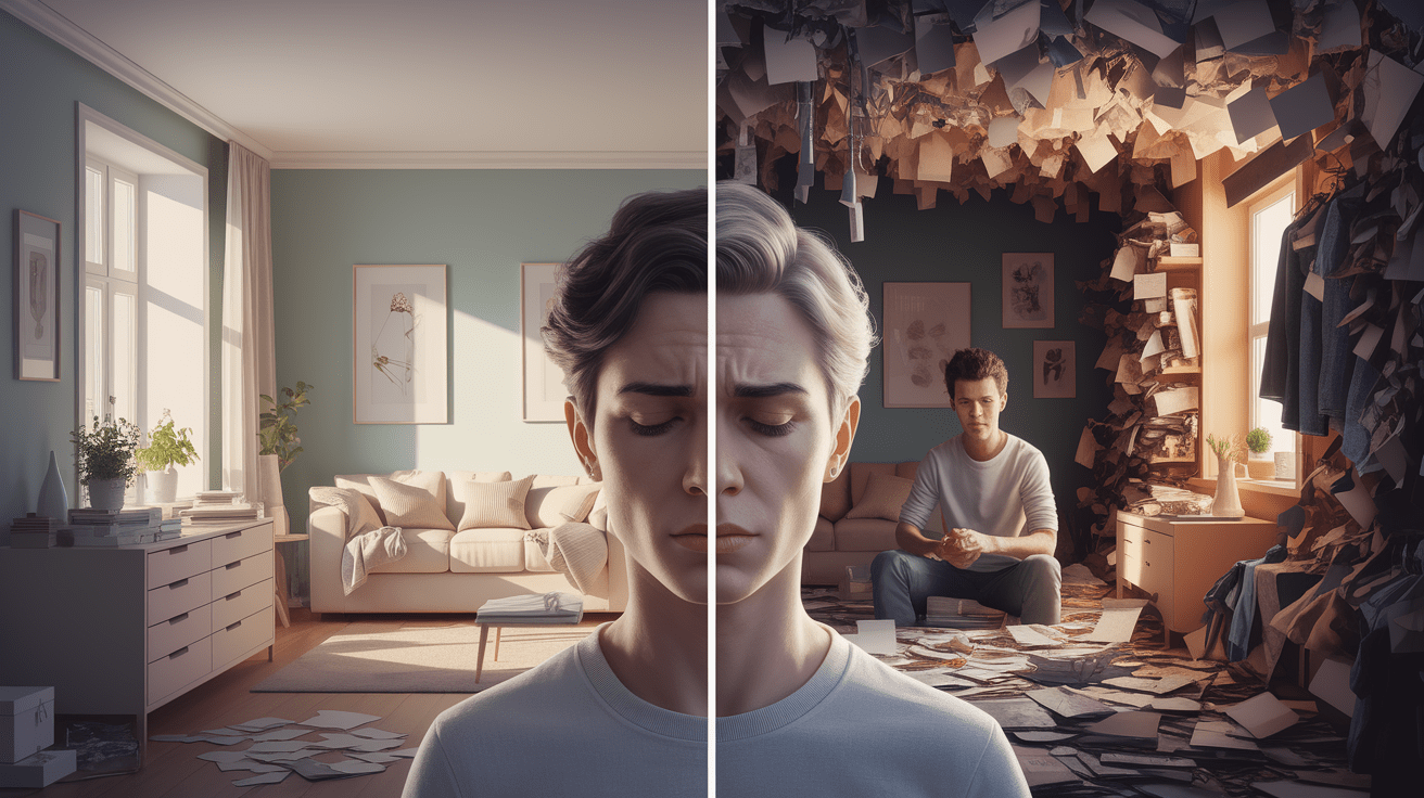 A conceptual illustration representing The Psychological Toll of Clutter. Visualize the main ideas: . Creative but clear representation of the concept. Style: photorealistic. high quality, detailed, professional, clean composition, good lighting, sharp focus, well-composed. high quality, professional, detailed, well-composed