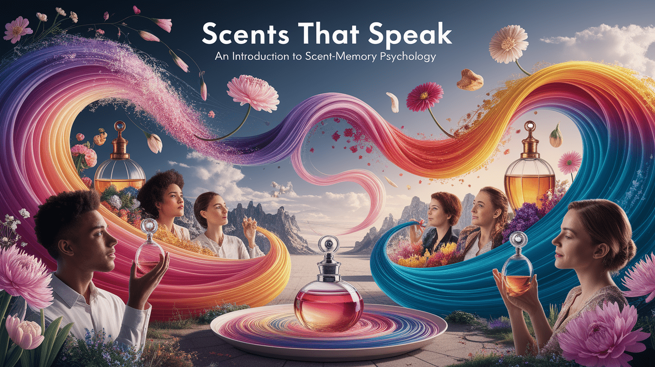 A conceptual illustration representing Scents That Speak: An Introduction to Scent-Memory Psychology. Visualize the main ideas: . Creative but clear representation of the concept. Style: photorealistic. high quality, detailed, professional, clean composition, good lighting, sharp focus, well-composed. high quality, professional, detailed, well-composed