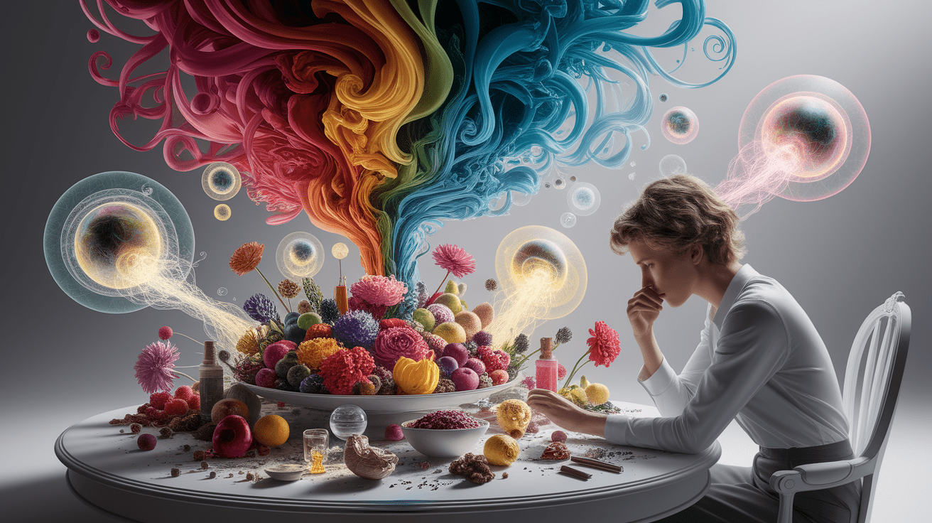 A conceptual illustration representing The Science Behind Smell and Memory. Visualize the main ideas: . Creative but clear representation of the concept. Style: photorealistic. high quality, detailed, professional, clean composition, good lighting, sharp focus, well-composed. high quality, professional, detailed, well-composed