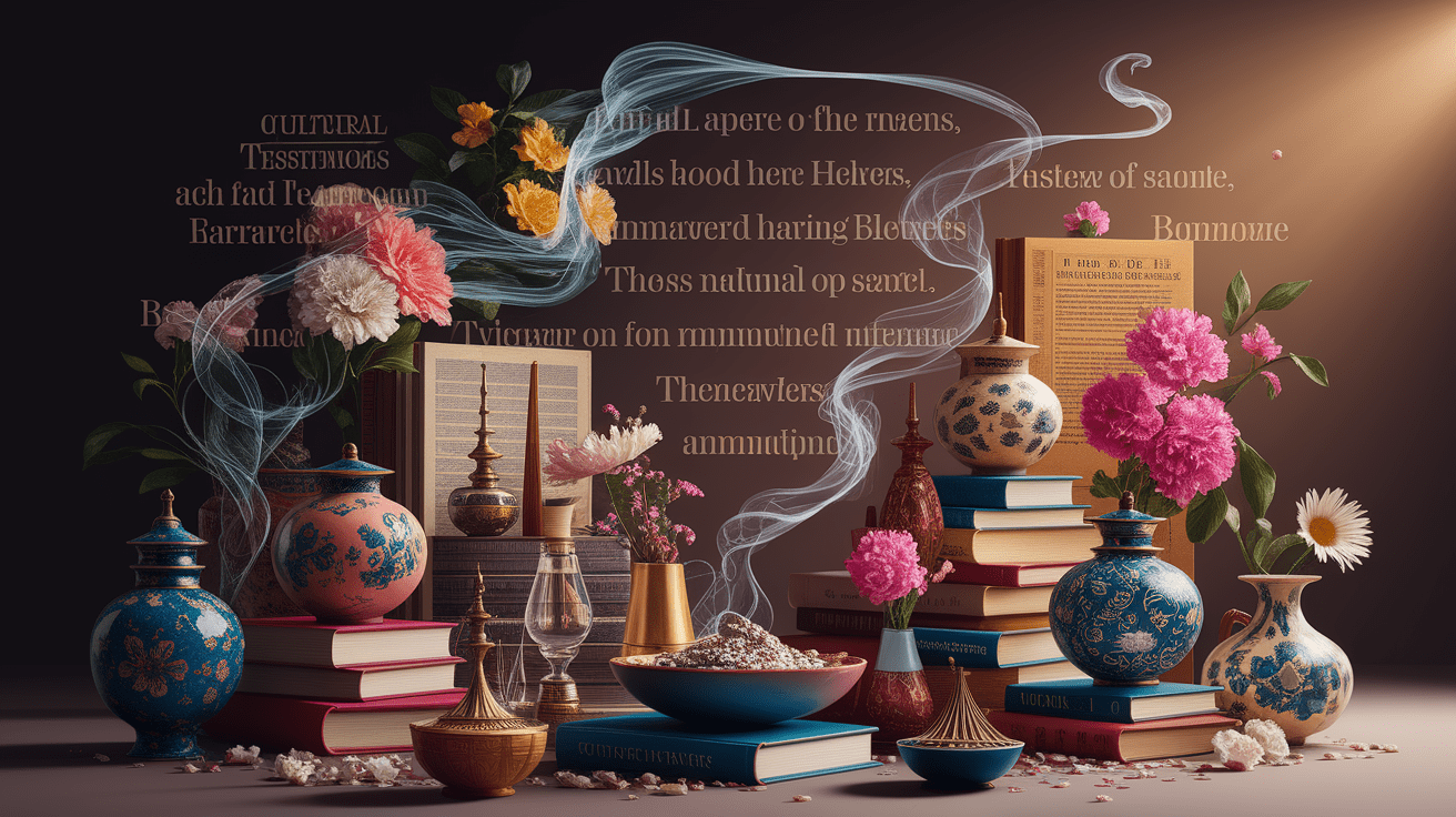 A conceptual illustration representing Cultural and Literary Testimonies to Scent Memory. Visualize the main ideas: . Creative but clear representation of the concept. Style: photorealistic. high quality, detailed, professional, clean composition, good lighting, sharp focus, well-composed. high quality, professional, detailed, well-composed