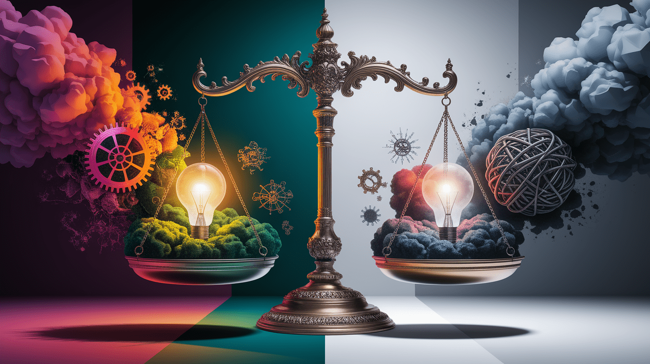 A conceptual illustration representing Weighing the Scales: Benefits and Challenges in Thought Processes. Visualize the main ideas: . Creative but clear representation of the concept. Style: photorealistic. high quality, detailed, professional, clean composition, good lighting, sharp focus, well-composed. high quality, professional, detailed, well-composed