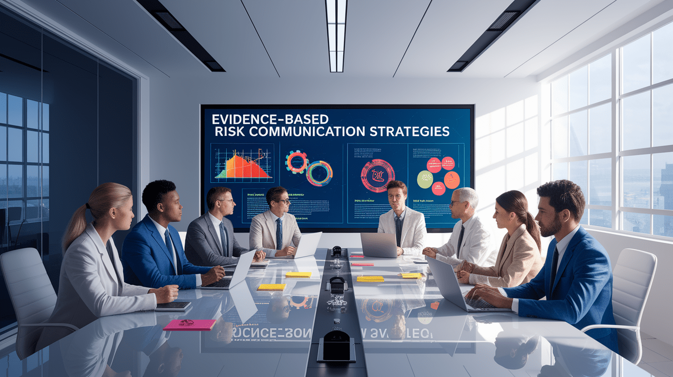 A conceptual illustration representing Evidence-Based Risk Communication Strategies. Visualize the main ideas: . Creative but clear representation of the concept. Style: photorealistic. high quality, detailed, professional, clean composition, good lighting, sharp focus, well-composed. high quality, professional, detailed, well-composed