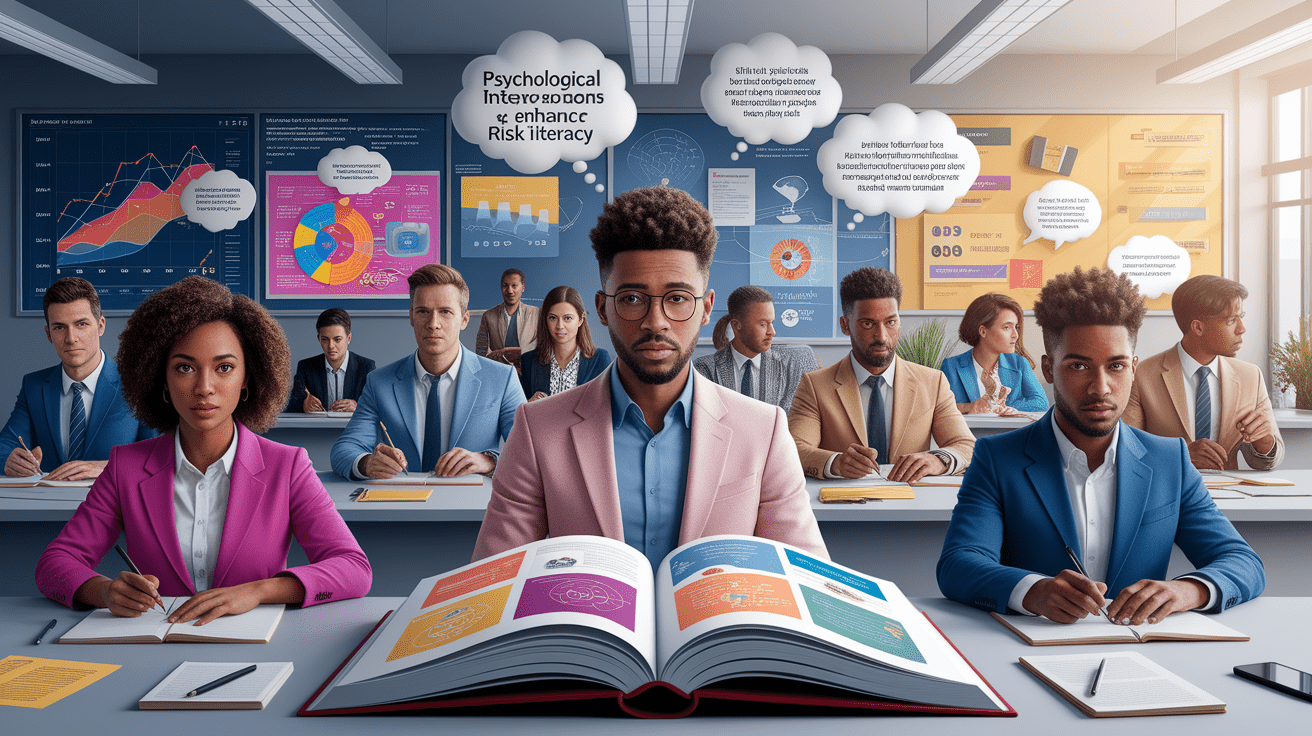 A conceptual illustration representing Psychological Interventions to Enhance Risk Literacy. Visualize the main ideas: . Creative but clear representation of the concept. Style: photorealistic. high quality, detailed, professional, clean composition, good lighting, sharp focus, well-composed. high quality, professional, detailed, well-composed