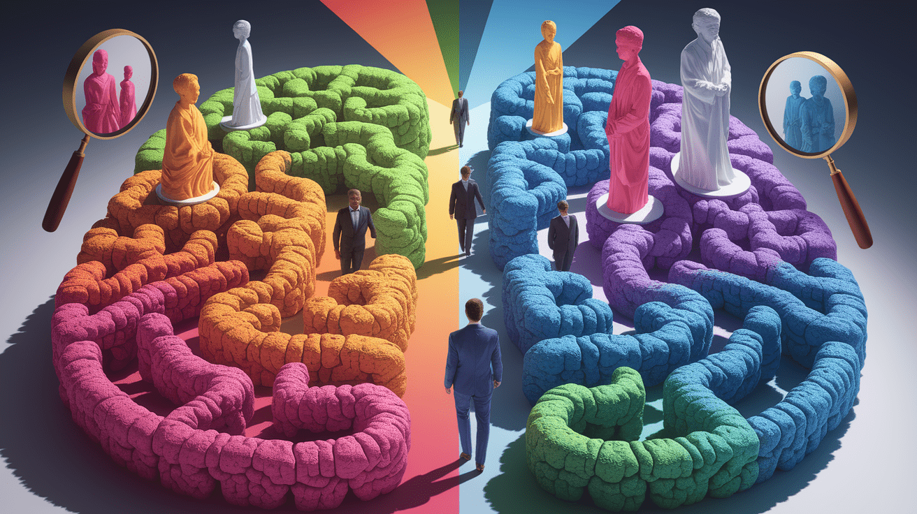 A conceptual illustration representing Cognitive Roadblocks: Biases and Motivated Reasoning. Visualize the main ideas: . Creative but clear representation of the concept. Style: photorealistic. high quality, detailed, professional, clean composition, good lighting, sharp focus, well-composed. high quality, professional, detailed, well-composed