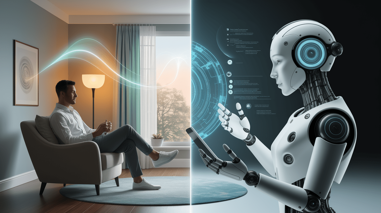 A conceptual illustration representing How Conversational AI Fits into Modern Therapy. Visualize the main ideas: . Creative but clear representation of the concept. Style: photorealistic. high quality, detailed, professional, clean composition, good lighting, sharp focus, well-composed. high quality, professional, detailed, well-composed