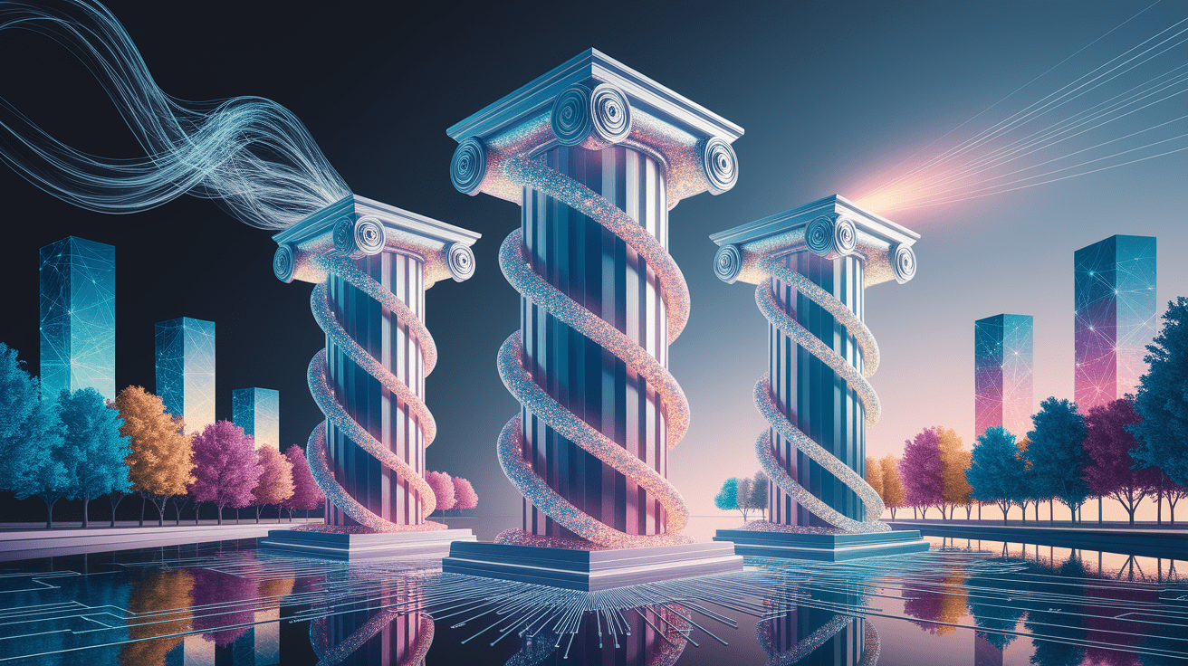 A conceptual illustration representing Ethical Pillars: Privacy, Transparency, and Bias. Visualize the main ideas: . Creative but clear representation of the concept. Style: photorealistic. high quality, detailed, professional, clean composition, good lighting, sharp focus, well-composed. high quality, professional, detailed, well-composed