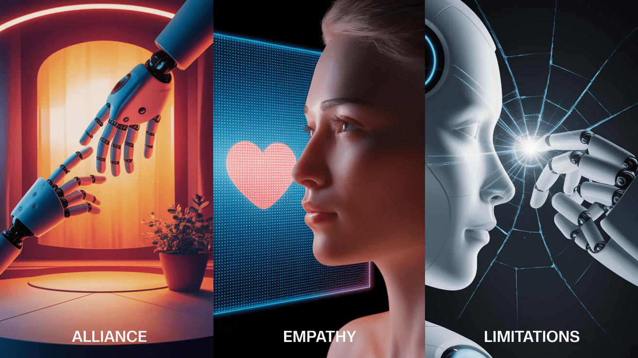 A conceptual illustration representing The Psychology of AI Interaction: Alliance, Empathy, and Limitations. Visualize the main ideas: . Creative but clear representation of the concept. Style: photorealistic. high quality, detailed, professional, clean composition, good lighting, sharp focus, well-composed. high quality, professional, detailed, well-composed