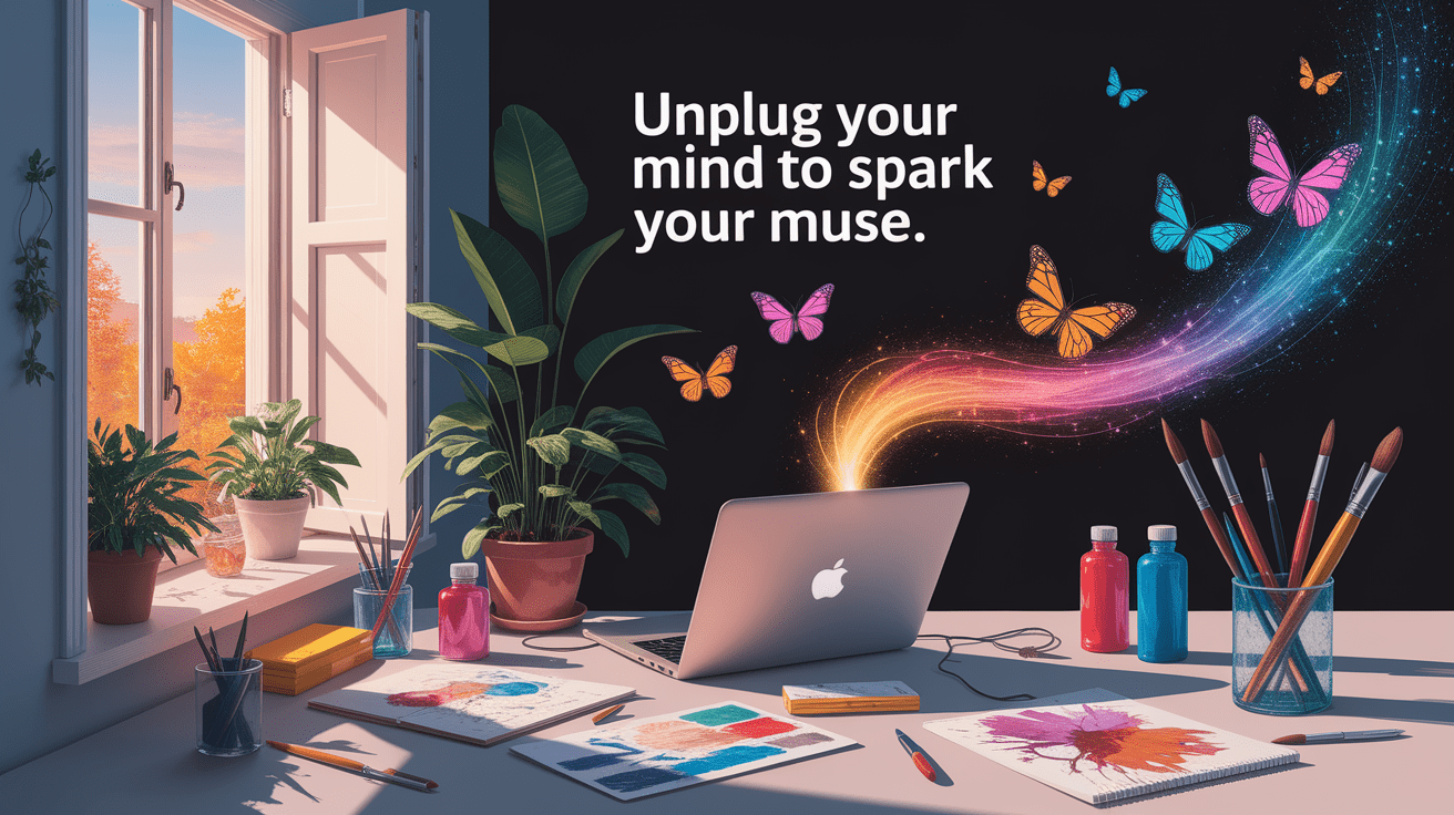 A conceptual illustration representing Unplug Your Mind to Spark Your Muse. Visualize the main ideas: . Creative but clear representation of the concept. Style: photorealistic. high quality, detailed, professional, clean composition, good lighting, sharp focus, well-composed. high quality, professional, detailed, well-composed