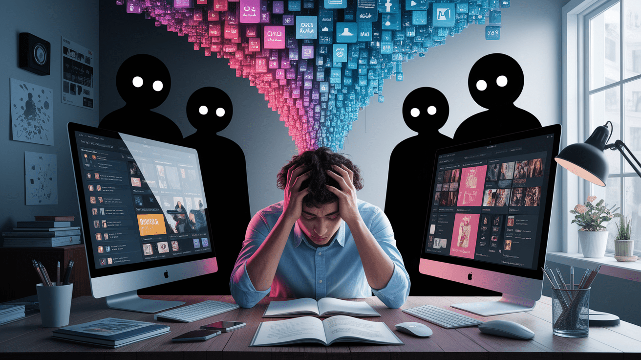 A conceptual illustration representing The Psychological Toll of Digital Overload. Visualize the main ideas: . Creative but clear representation of the concept. Style: photorealistic. high quality, detailed, professional, clean composition, good lighting, sharp focus, well-composed. high quality, professional, detailed, well-composed