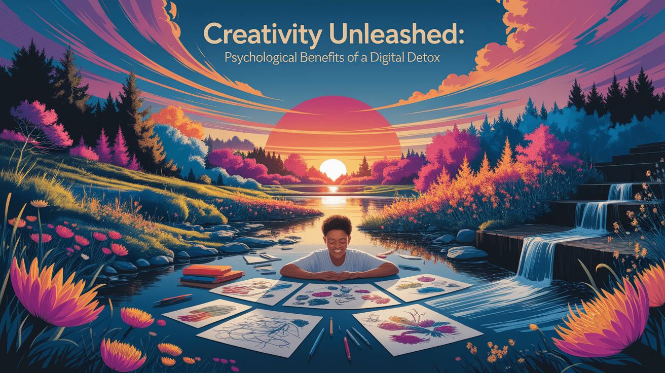 A conceptual illustration representing Creativity Unleashed: Psychological Benefits of a Digital Detox. Visualize the main ideas: . Creative but clear representation of the concept. Style: photorealistic. high quality, detailed, professional, clean composition, good lighting, sharp focus, well-composed. high quality, professional, detailed, well-composed