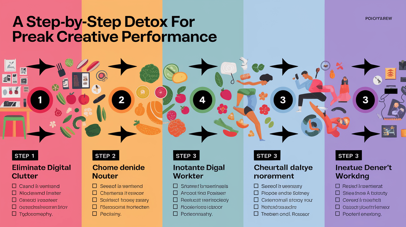 A clear, step-by-step visual illustration showing A Step-by-Step Detox Plan for Peak Creative Performance. Focus on . Include visual elements like arrows, numbered steps, or sequential flow. Professional and instructional style. Style: photorealistic. high quality, detailed, professional, clean composition, good lighting, sharp focus, well-composed. high quality, professional, detailed, well-composed